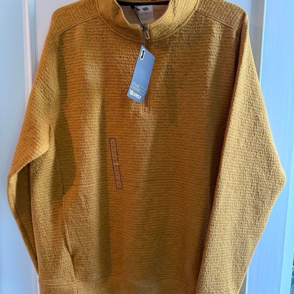 VRST quarter zip sweatshirt in size L. Mustard yellow with textured weave. #athl